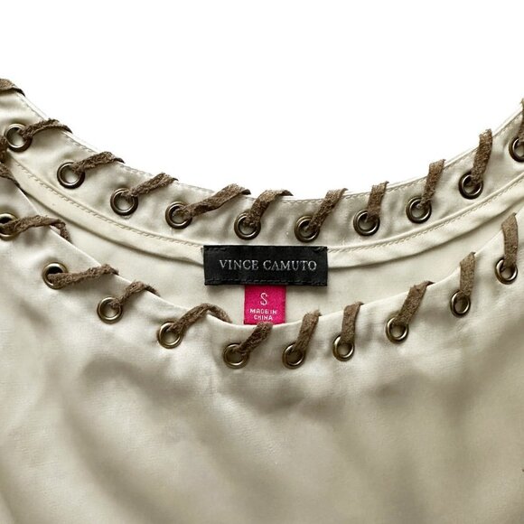 VINCE CAMUTO Cream Satin Cap Sleeve Blouse with Suede Lacing - Size Small - Picture 2 of 2